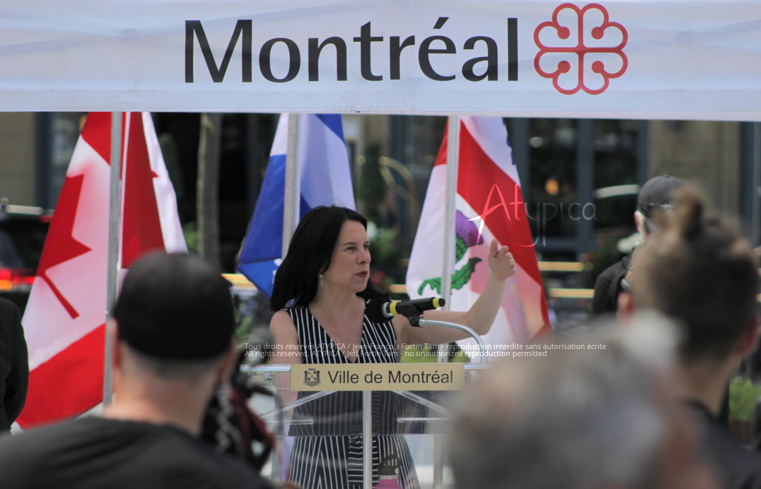Portrait of mayoress Valérie Plante ("Projet Montréal" party) giving an impassioned leadership speech in front of the press at the inauguration of the revamped Phillips Square near Ste-Catherine street in downtown Montreal, Canada